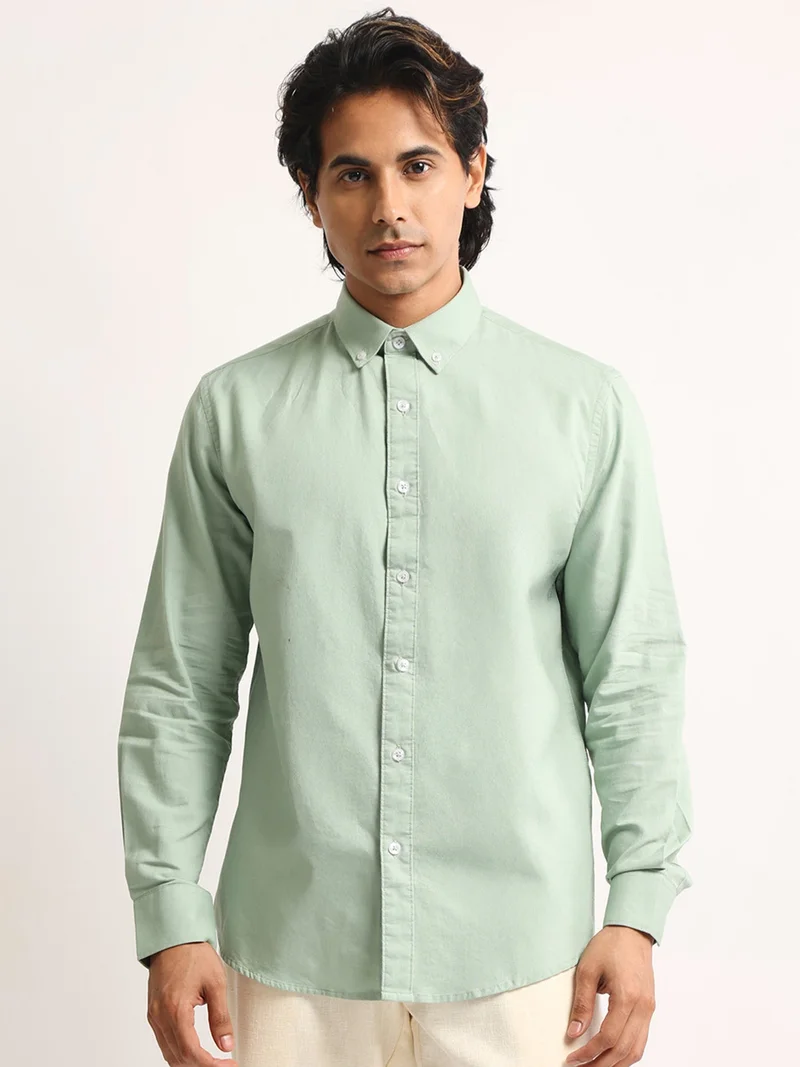 Maniac  Maniac Mens Solid Collared Neck Full Sleeve Oxford Linen Blend Fabric Light Green Shirt for Men | Best Price UAE