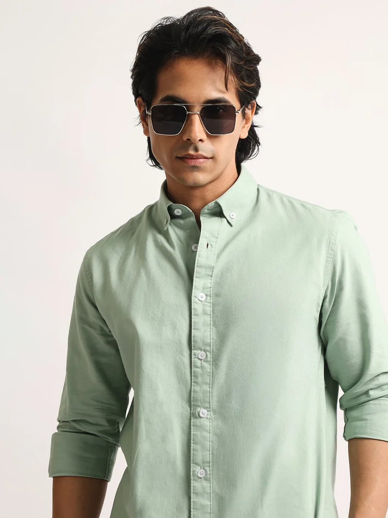 Maniac  Maniac Mens Solid Collared Neck Full Sleeve Oxford Linen Blend Fabric Light Green Shirt for Men | Best Price UAE