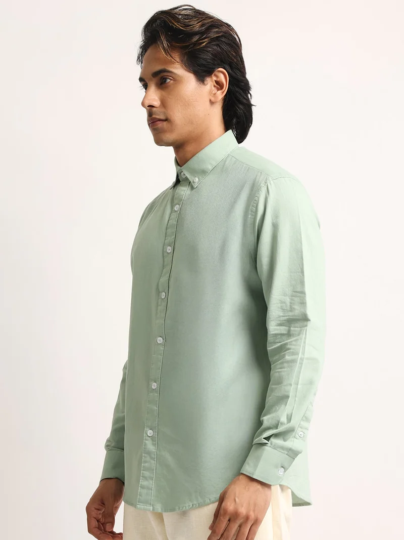 Maniac  Maniac Mens Solid Collared Neck Full Sleeve Oxford Linen Blend Fabric Light Green Shirt for Men | Best Price UAE