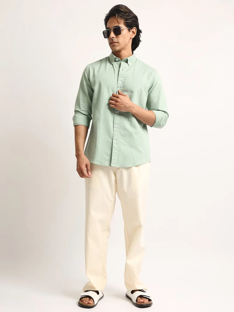 Maniac  Maniac Mens Solid Collared Neck Full Sleeve Oxford Linen Blend Fabric Light Green Shirt for Men | Best Price UAE
