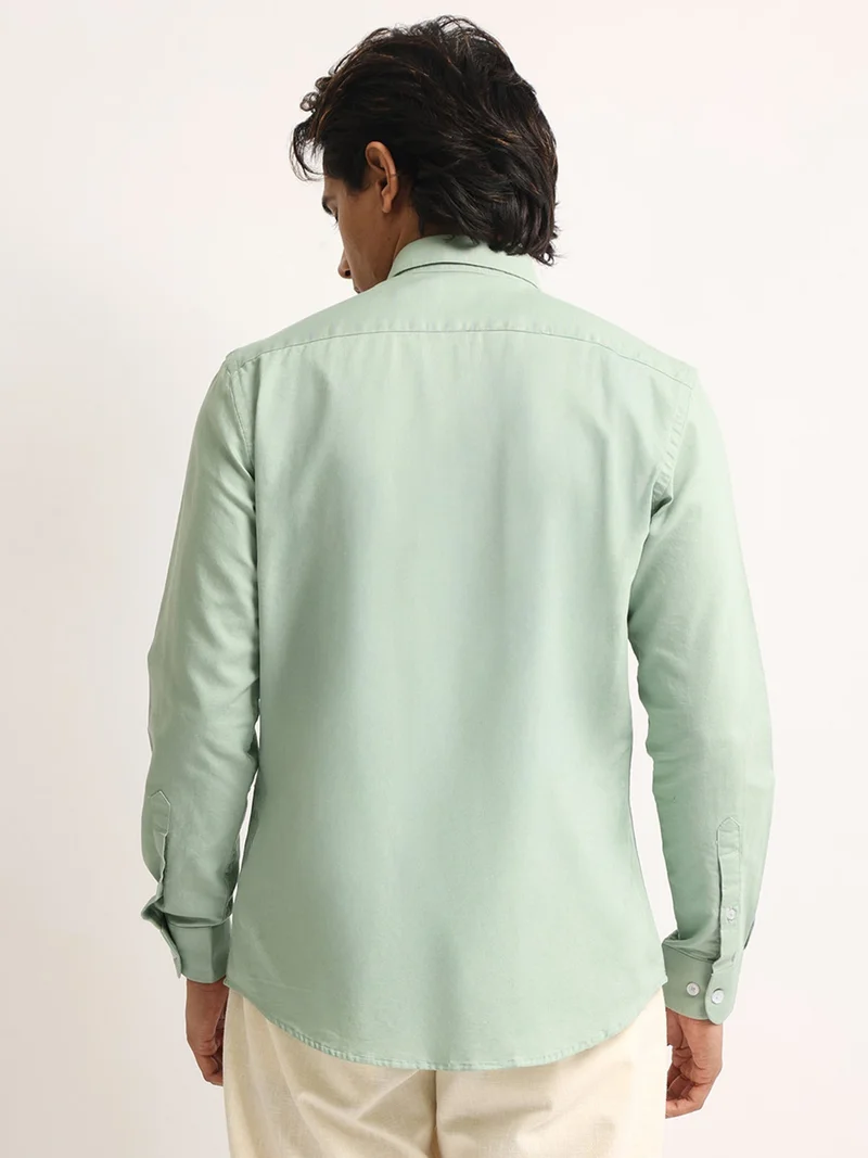 Maniac  Maniac Mens Solid Collared Neck Full Sleeve Oxford Linen Blend Fabric Light Green Shirt for Men | Best Price UAE