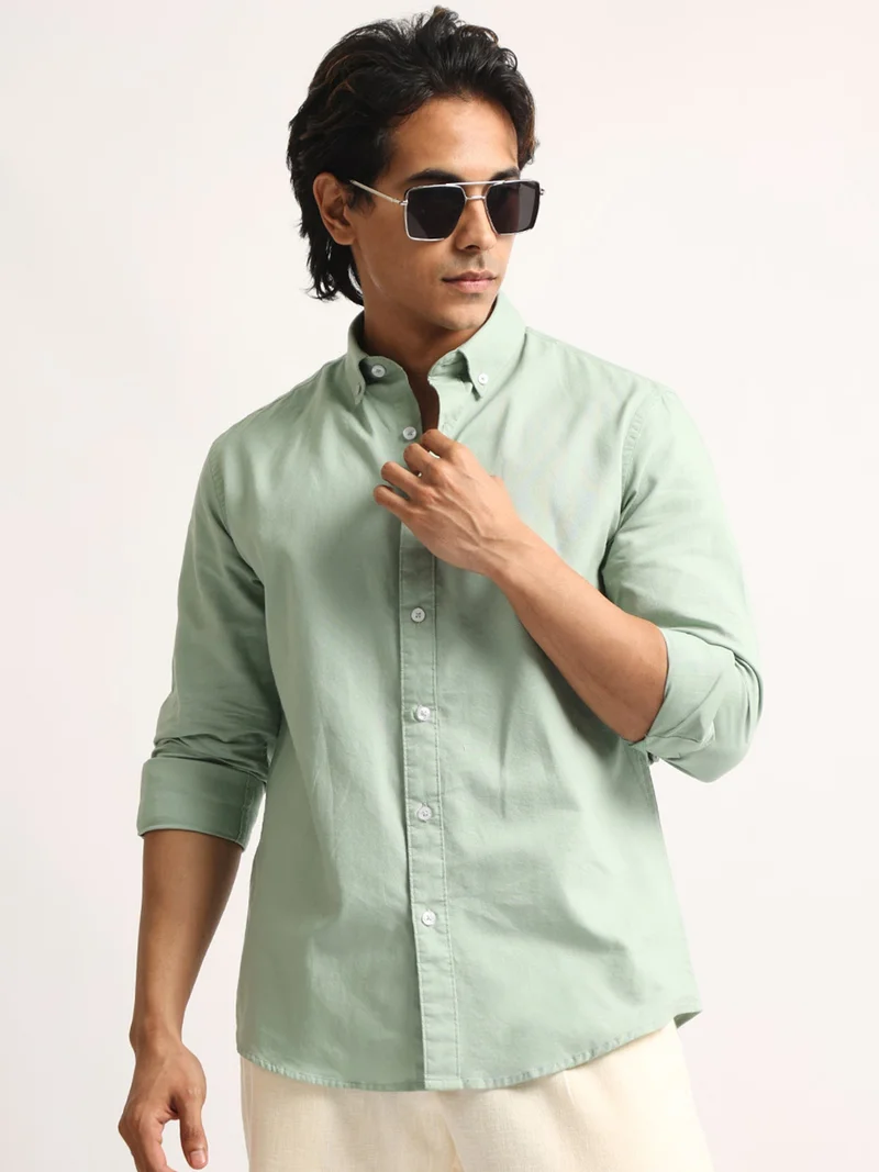 Maniac Maniac Mens Solid Collared Neck Full Sleeve Oxford Linen Blend Fabric Light Green Shirt