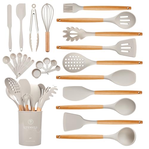 Hvygss Kitchen Utensils Set with Wooden Handle, 26 Pieces Heat Resistance Silicone Cooking Utensils Set with Holder, Food Grade Non-Stick Silicone Spatula, Kitchen Set for Cooking (Khaki) - Image 1