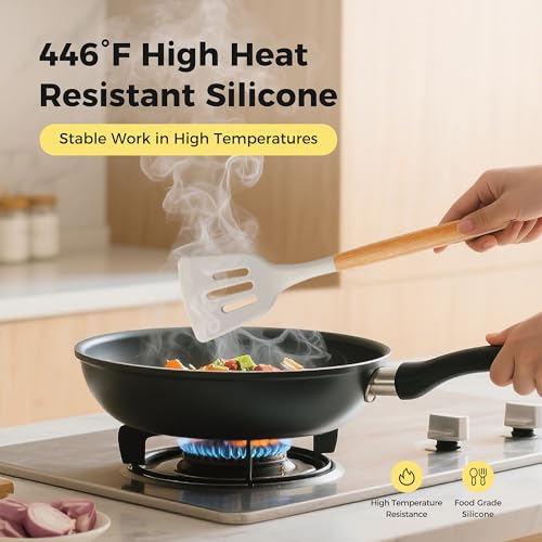 Hvygss Kitchen Utensils Set with Wooden Handle, 26 Pieces Heat Resistance Silicone Cooking Utensils Set with Holder, Food Grade Non-Stick Silicone Spatula, Kitchen Set for Cooking (Khaki) - Image 2