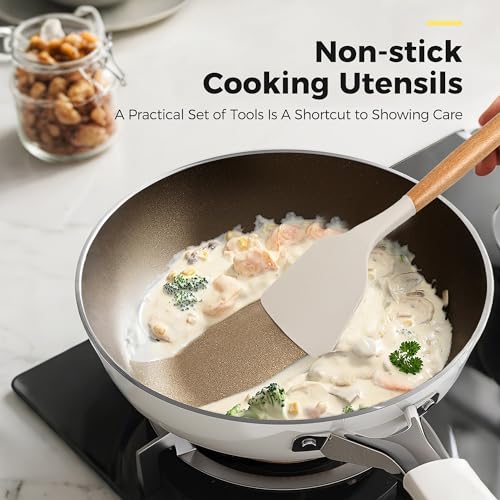 Hvygss Kitchen Utensils Set with Wooden Handle, 26 Pieces Heat Resistance Silicone Cooking Utensils Set with Holder, Food Grade Non-Stick Silicone Spatula, Kitchen Set for Cooking (Khaki) - Image 3