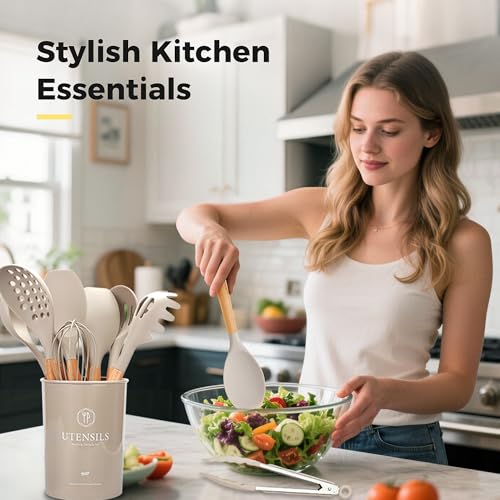 Hvygss Kitchen Utensils Set with Wooden Handle, 26 Pieces Heat Resistance Silicone Cooking Utensils Set with Holder, Food Grade Non-Stick Silicone Spatula, Kitchen Set for Cooking (Khaki) - Image 4