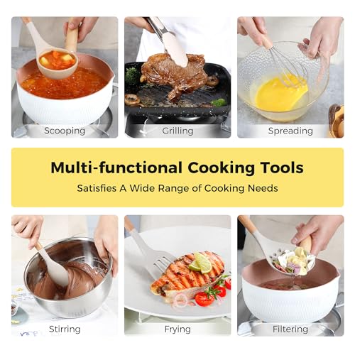 Hvygss Kitchen Utensils Set with Wooden Handle, 26 Pieces Heat Resistance Silicone Cooking Utensils Set with Holder, Food Grade Non-Stick Silicone Spatula, Kitchen Set for Cooking (Khaki) - Image 5