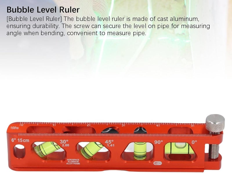 Hilitand Bubble Level Ruler, 6 Inch 15cm Level with 4 Bubble Vials for 0/30/45/90 Degrees, Cast Aluminum Ruler with Metric Imperial Scales for Pipe Work - Image 4