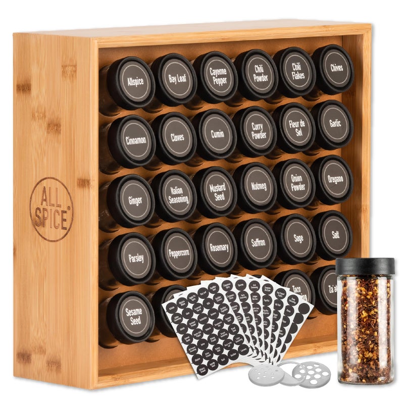 AllSpice Spice Rack Organizer Wood 525 Unique Labels Countertop or Wall Mount Includes 30 4oz Jars Bamboo