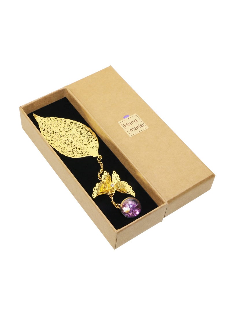 SYOSI Gift Bookmarks for Women, SYOSI Handmade 3D Butterfly and Dried Flower Bead Charms, Pendant Metal Leaf Book Markers Appreciation Mother's Day Gifts for Teachers Students Readers Mom Girls (purple) - Image 1