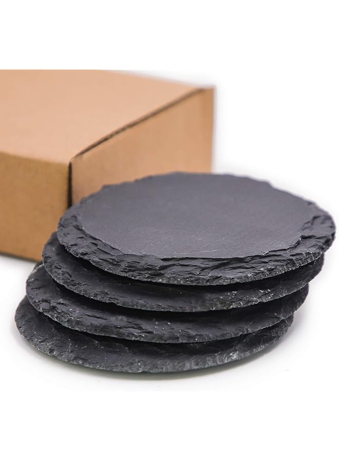 The Bros Slate Stone Coasters Set,4 PCS Black Round Cup Coaster,Natural Edge Drinks Stone for Bar Kitchen Home,3.93inch - Image 1
