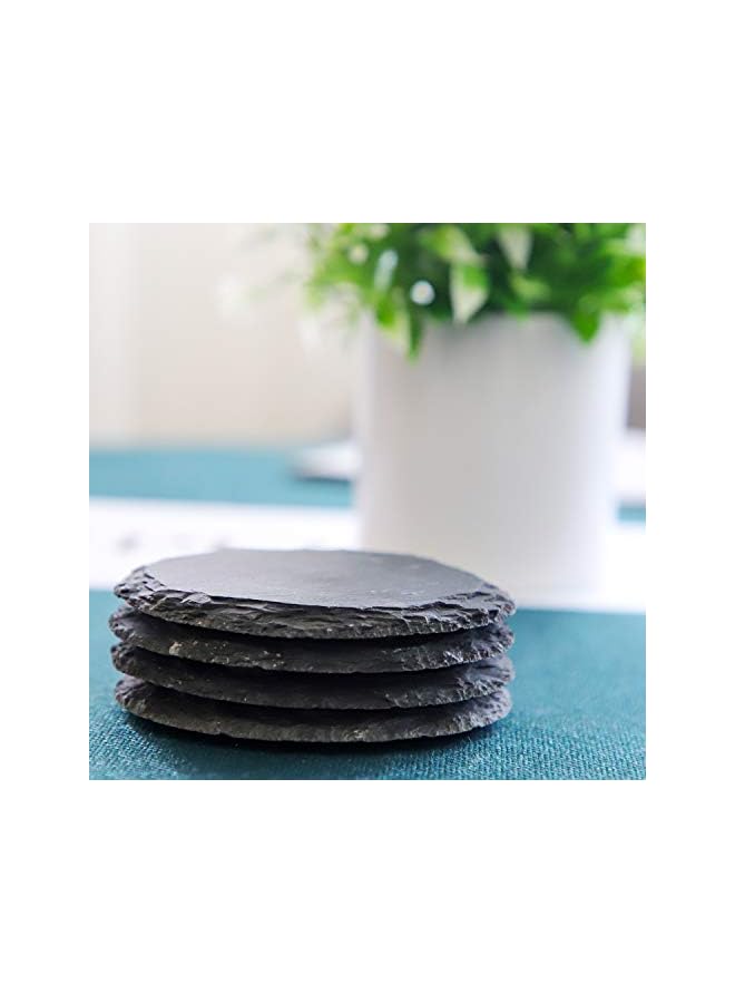 The Bros Slate Stone Coasters Set,4 PCS Black Round Cup Coaster,Natural Edge Drinks Stone for Bar Kitchen Home,3.93inch - Image 4