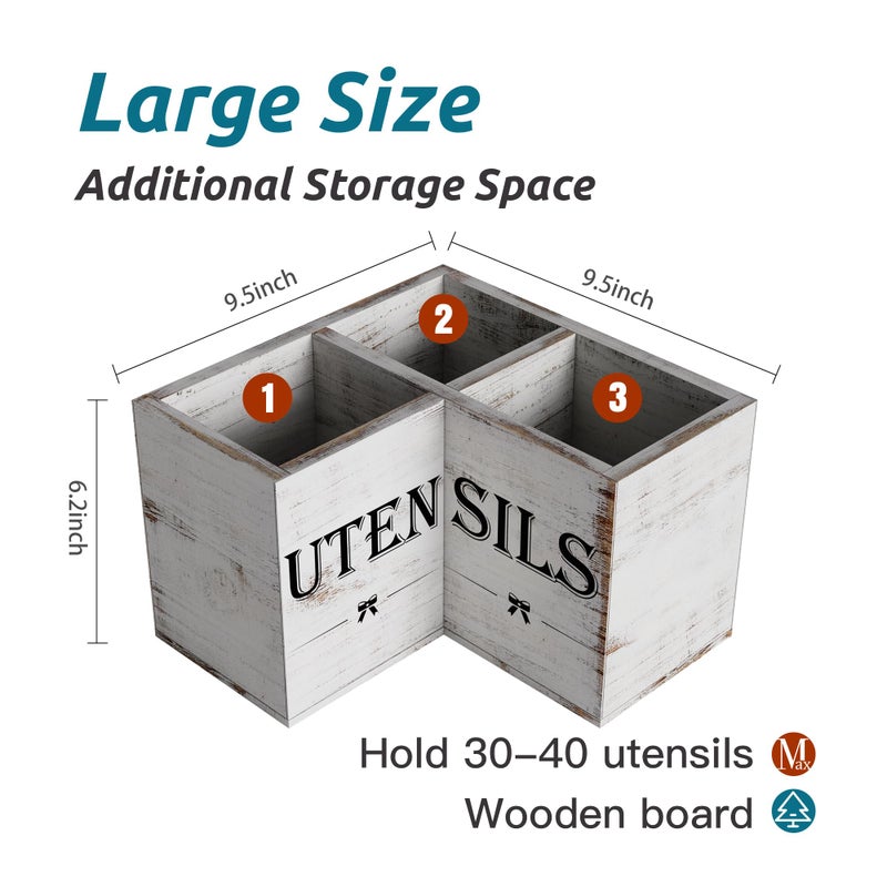 Suli Extra Large Kitchen Utensils Holder with 3 Compartments,Corner Shelf,Wooden Utensil Organizer for Kitchen Countertop, Farmhouse Decor, Rustic Cooking Utensil - White grain - Image 2