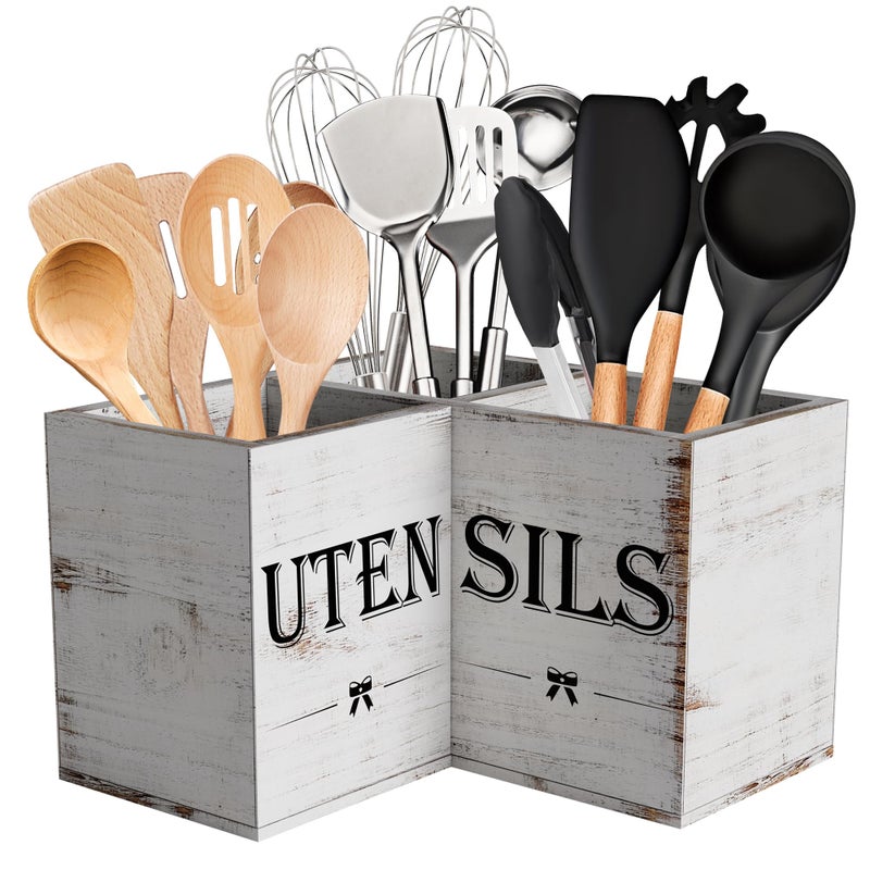 Suli Extra Large Kitchen Utensils Holder with 3 Compartments,Corner Shelf,Wooden Utensil Organizer for Kitchen Countertop, Farmhouse Decor, Rustic Cooking Utensil - White grain - Image 1