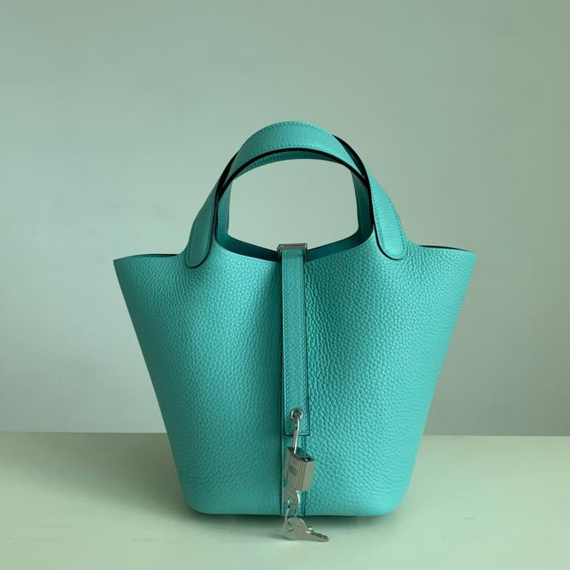 18cm Wax Line Hand Sewed TC Top Layer Cowhide Vegetable Basket Bag Bucket Bag Genuine Leather Womens Bag Handbag Macaron blue 