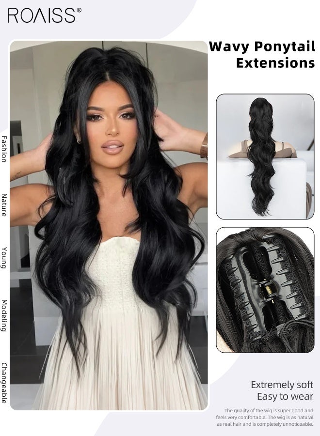 roaiss 30 Inch Long Ponytail Extension Synthetic Wavy Pony Tail for Daily Party Use Curly Hair Ponytail Extension Claw Jaw Clip Natural Fluffy Ponytail Wig with Drawstring for Women Daily Use - Image 1