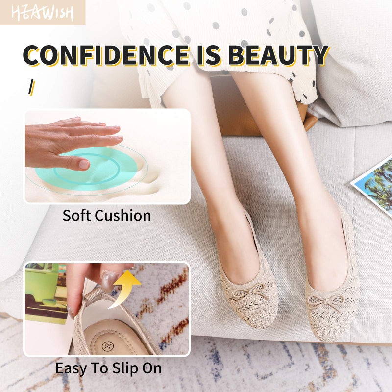 HEAWISH أحذية فلات نسائية مريحة باللون الأسود والبيج، أحذية فلات كروشيه دانتيل شبكي، كعب دائري، سهلة الارتداء، أحذية باليه كاجوال، أحذية فساتين (بيج، US8) - Image 4