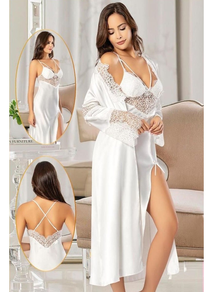 X-Ses - Xses 2104 Women's Satin Dressing Gown Nightgown Set-Ecru - Image 1