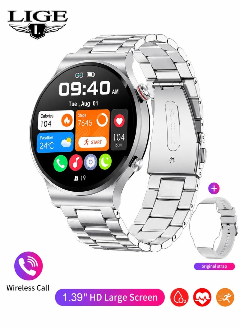 LIGE Top Brand Fashion Premium Smartwatch 1.39-Inch HD Screen 360*360px ,Multiple Sports Modes ,Online Wireless Calling ,Sleep Monitoring ,IP67 Waterproof Stainless Steel 290mAh Large Battery Capacity Mens Wristwatches Gifts Silver - Image 1