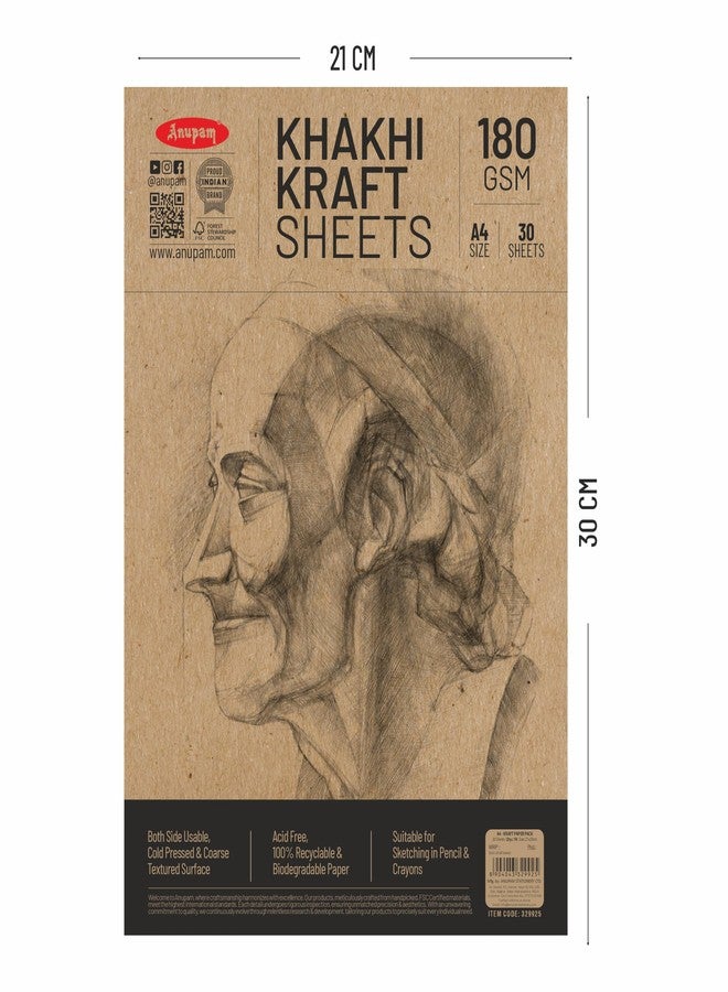 Anupam A4 Kraft Paper | Brown Colour Loose Sheets | 100% Recyclable Acid Free Sheet | 180 GSM | 30 Sheet / 60 Pages | Ideal for Pencil Drawing Doodling Sketching - Image 2