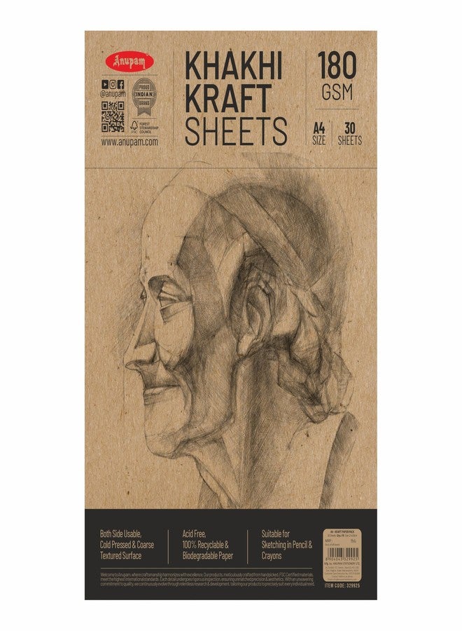 Anupam A4 Kraft Paper | Brown Colour Loose Sheets | 100% Recyclable Acid Free Sheet | 180 GSM | 30 Sheet / 60 Pages | Ideal for Pencil Drawing Doodling Sketching - Image 1