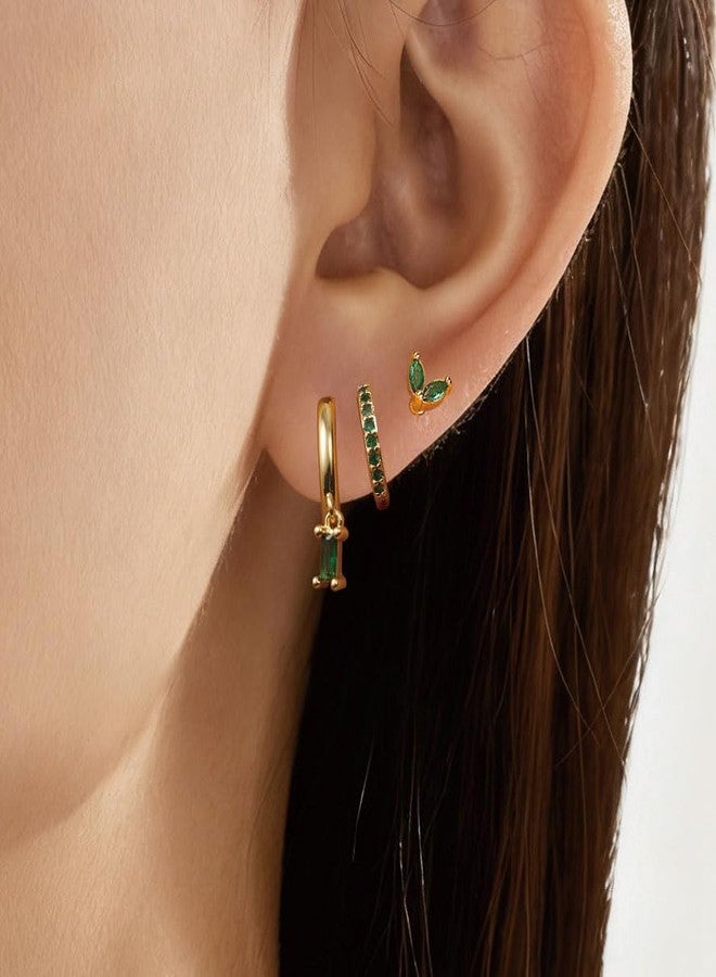 HANRESHE 3 Pair Emerald Earring For Women With Zircon 14K Gold Plated Green Hoop Earring Set Chic Green And Gold Earrings Stack Fashion Emerald Stud Earrings Jewelry Gift - Image 2