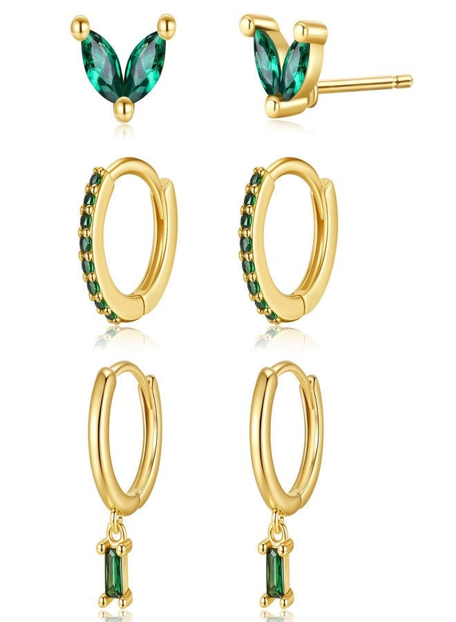 HANRESHE 3 Pair Emerald Earring For Women With Zircon 14K Gold Plated Green Hoop Earring Set Chic Green And Gold Earrings Stack Fashion Emerald Stud Earrings Jewelry Gift - Image 1