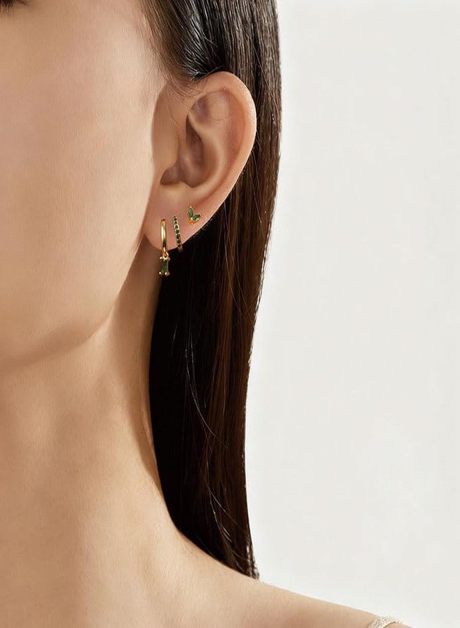 HANRESHE 3 Pair Emerald Earring For Women With Zircon 14K Gold Plated Green Hoop Earring Set Chic Green And Gold Earrings Stack Fashion Emerald Stud Earrings Jewelry Gift - Image 3