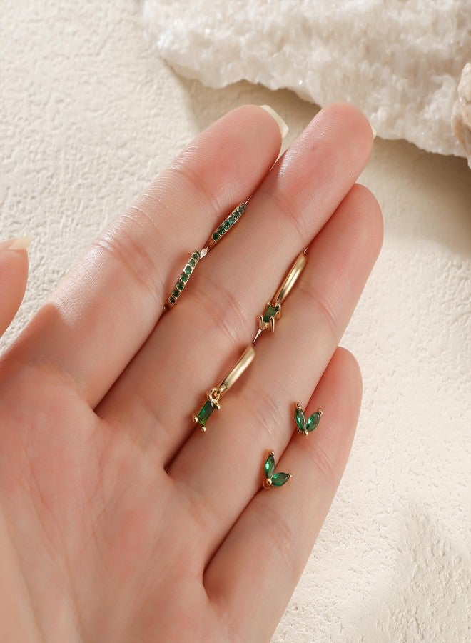 HANRESHE 3 Pair Emerald Earring For Women With Zircon 14K Gold Plated Green Hoop Earring Set Chic Green And Gold Earrings Stack Fashion Emerald Stud Earrings Jewelry Gift - Image 5