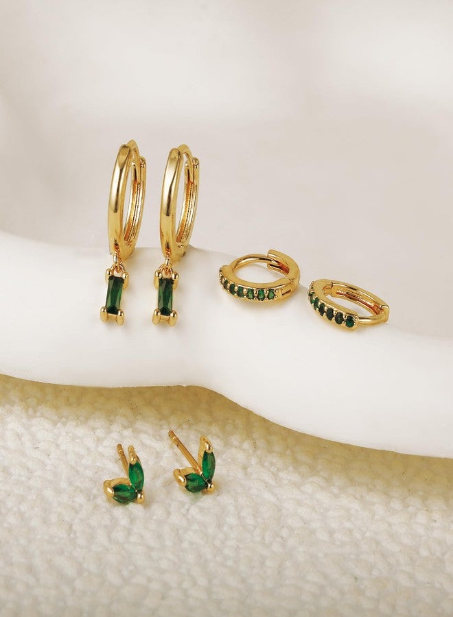 HANRESHE 3 Pair Emerald Earring For Women With Zircon 14K Gold Plated Green Hoop Earring Set Chic Green And Gold Earrings Stack Fashion Emerald Stud Earrings Jewelry Gift - Image 4