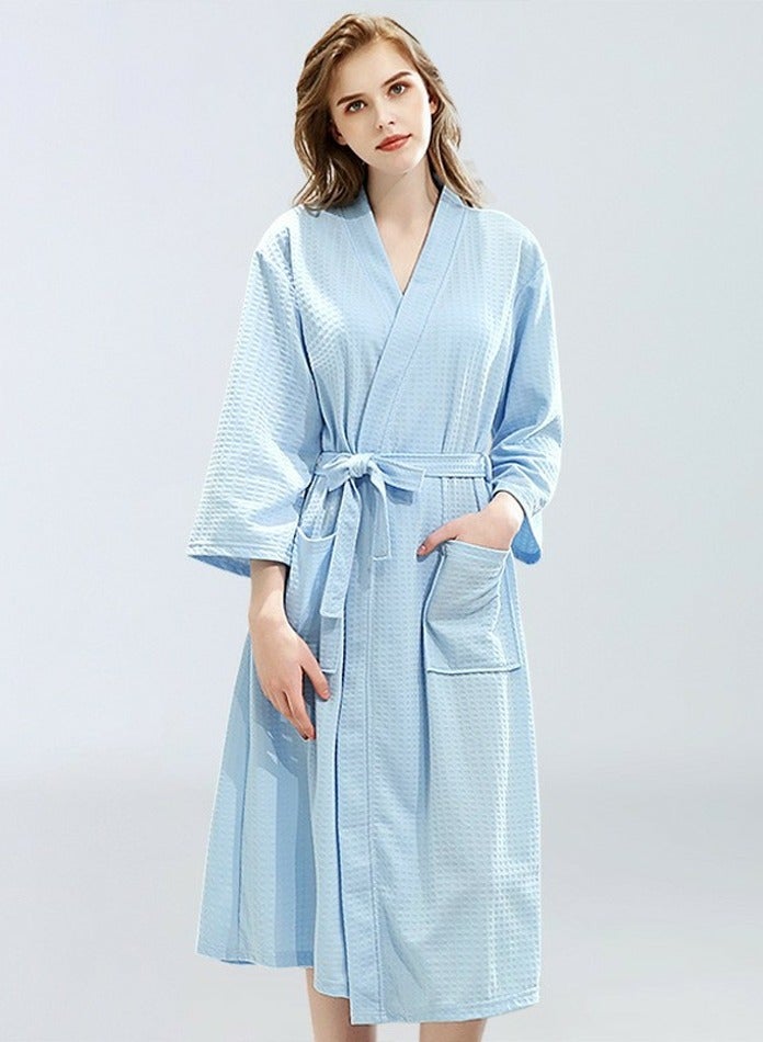 إسكدنيا رداء خفيفة الوزن رداء وافل كيمونو رداء حمام ناعم سريع التجفيف رداء ليلي أزرق السماء - Image 2