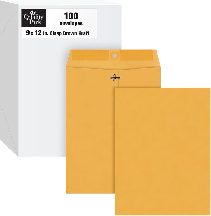 Quality Park 9 x 12 Clasp Envelopes, Clasp and Gummed Closures for Storing or Mailing, Extra Heavy-Duty 32 lb Kraft Paper, 100 per Box (QUA37790) - Image 1