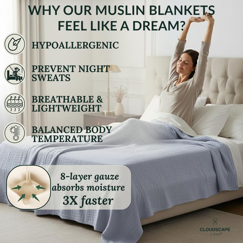 CloudScape Linen CLOUDSCAPE 8 Layer Muslin Blanket Queen Size for Adults - 100% Cotton Gauze Layering Blanket Summer, 92"x92" Fits Upto Full Bed, Heavyweight, Breathable Soft, All Season- Lavender Blue - Image 4