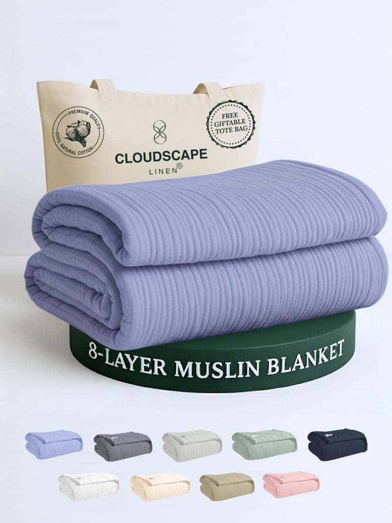 CloudScape Linen CLOUDSCAPE 8 Layer Muslin Blanket Queen Size for Adults - 100% Cotton Gauze Layering Blanket Summer, 92"x92" Fits Upto Full Bed, Heavyweight, Breathable Soft, All Season- Lavender Blue - Image 1