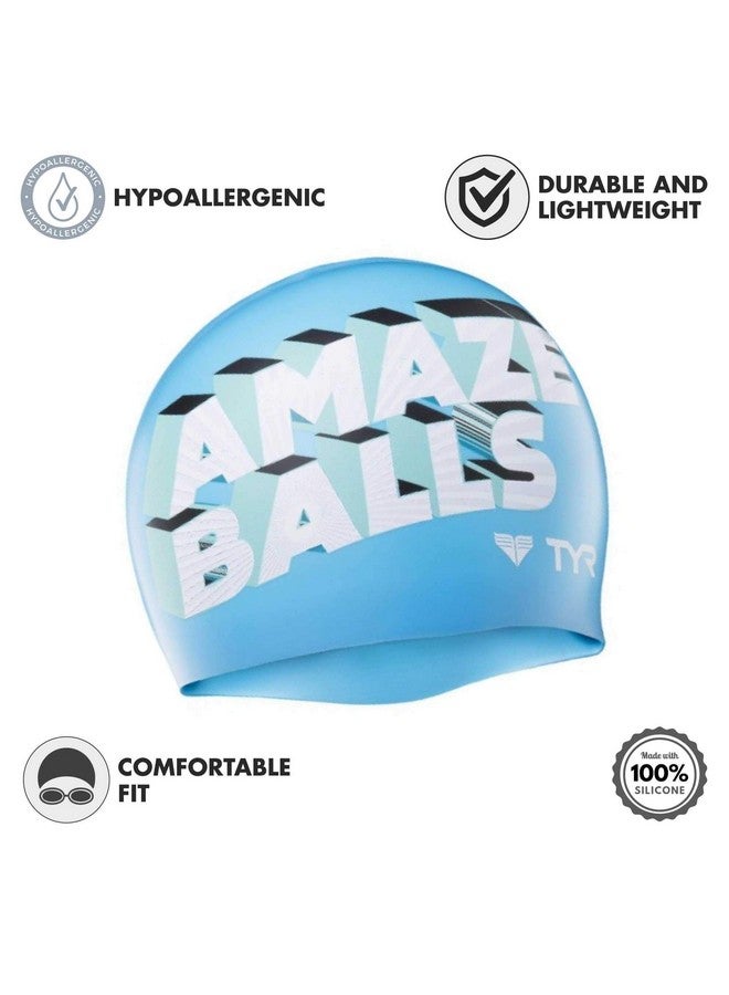 TYR Amaze Balls Silicone Swim Cap (Blue/White) - Image 2
