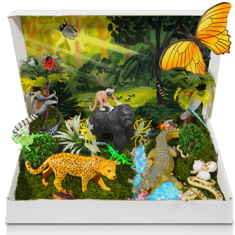 Pamonrueer 34 PCS Rainforest Diorama Kit Rainforest Animals Figurines Set Assorted Creatures Rainforest Diorama Supplies Animals Model Trees DIY Rainforest Decor - Image 2