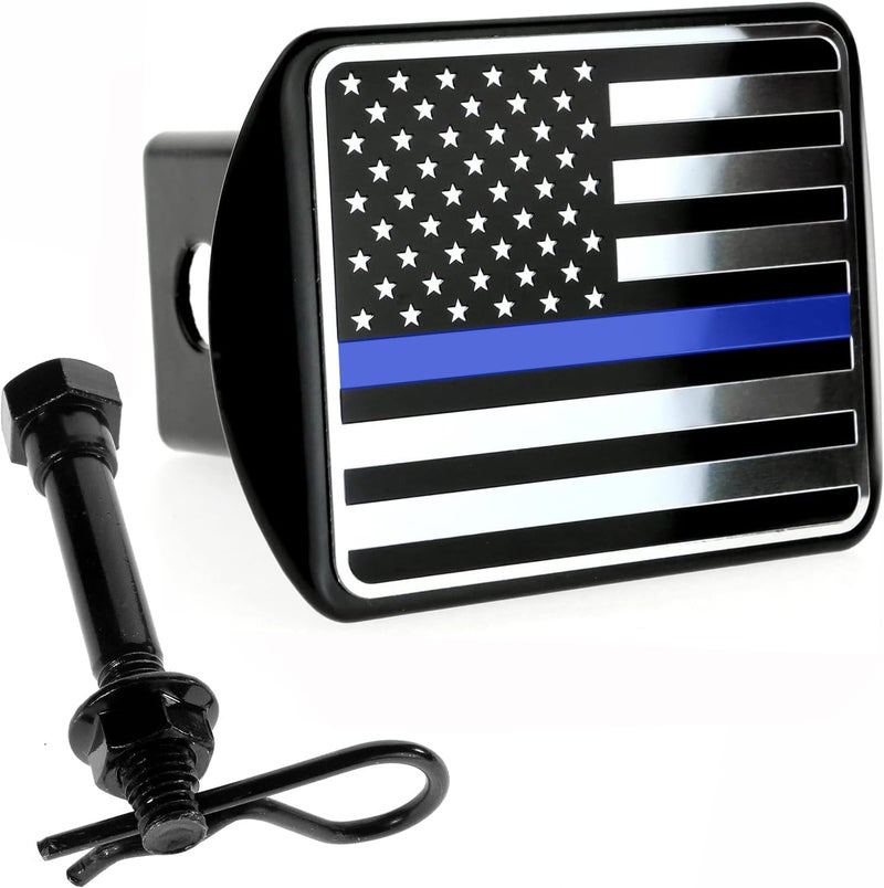 eVerHITCH USA American Flag Metal Hitch Cover (Fits 2" Receivers, Black & Chrome with Thin Blue line) - Image 1