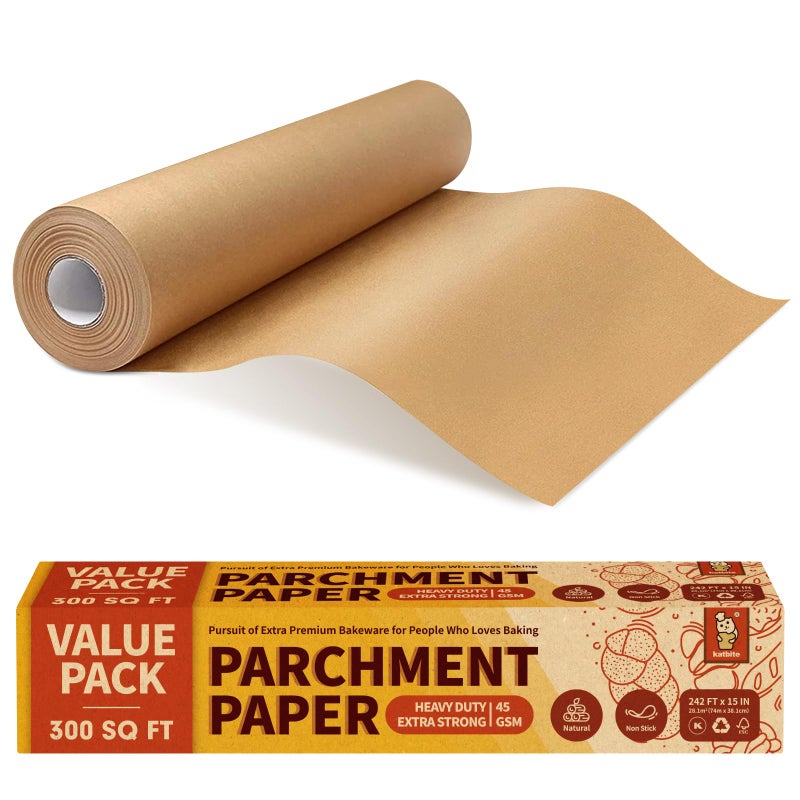 Katbite 15in x 242ft Unbleached Parchment Paper Roll 300 SqFt NonStick with Serrated Cutter for Baking Cooking Air Fryer