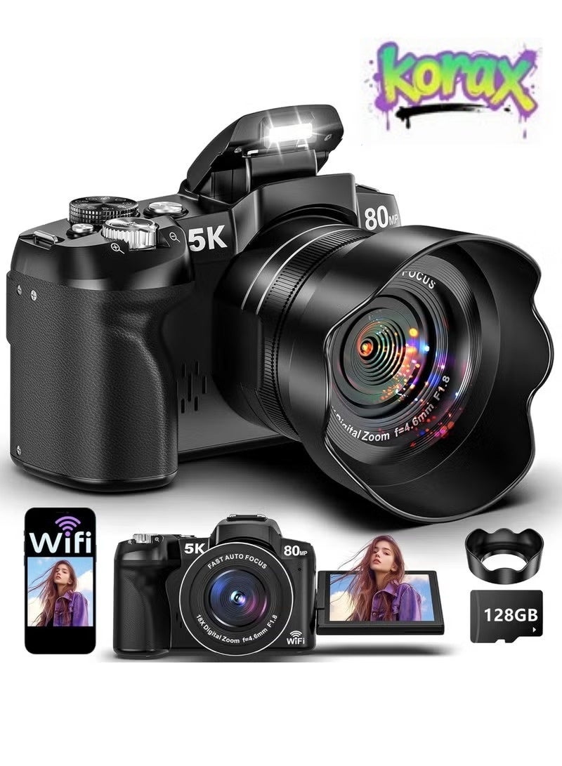 KORAX 5K Digital Camera - 80MP WiFi Cameras for Photography - UHD Fast Autofocus Vlogging Camera for YouTube with 3" 270° Flip Screen - Travel Video Camara for Beginner with 18X Zoom, 128GB Card, Lens Hood - Image 1