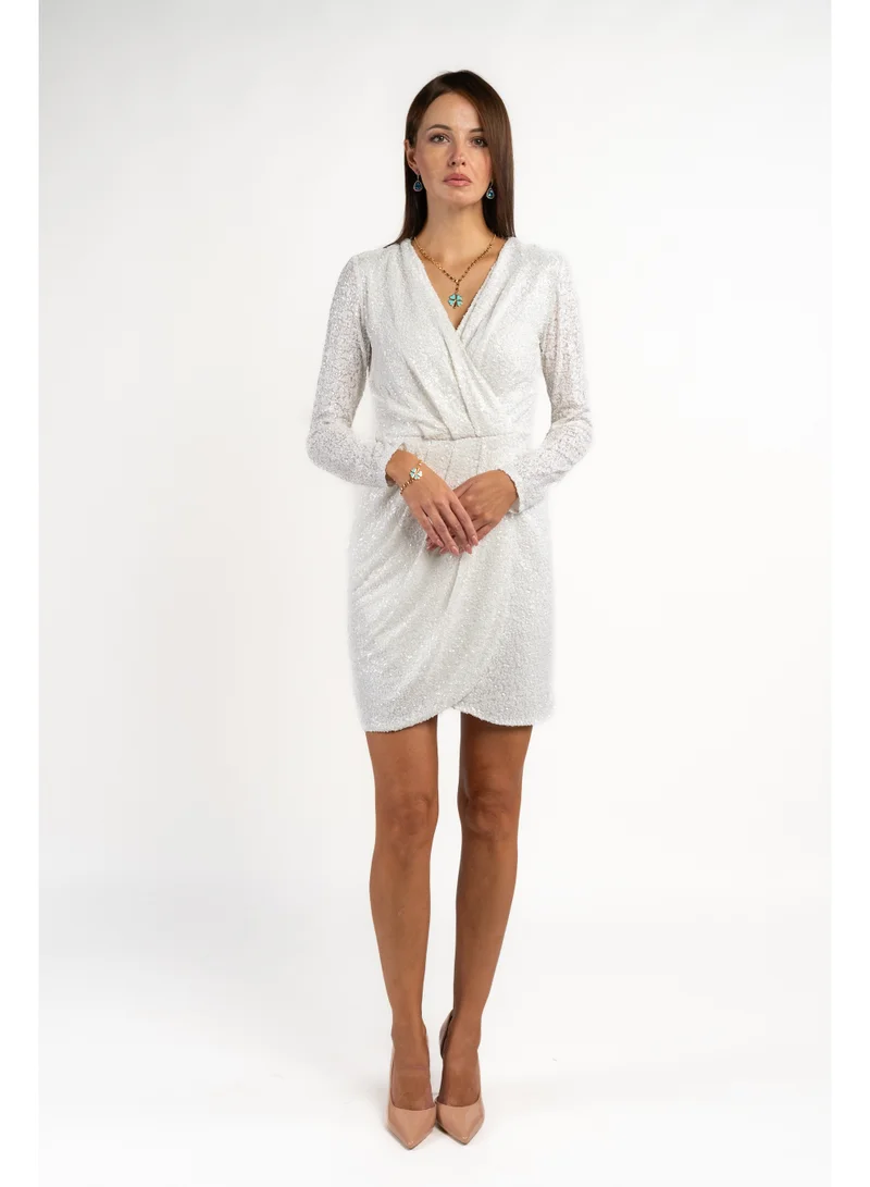 Fashonara Sequenced Shimmery Draped Long Sleeve Dress in White