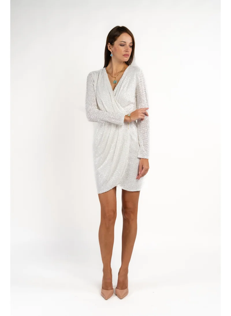 Fashonara  Sequenced Shimmery Draped Long Sleeve Dress in White for Women | Best Price UAE