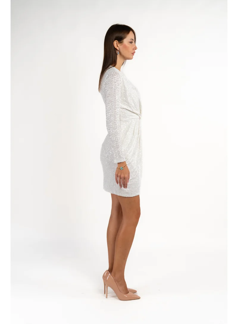 Fashonara  Sequenced Shimmery Draped Long Sleeve Dress in White for Women | Best Price UAE