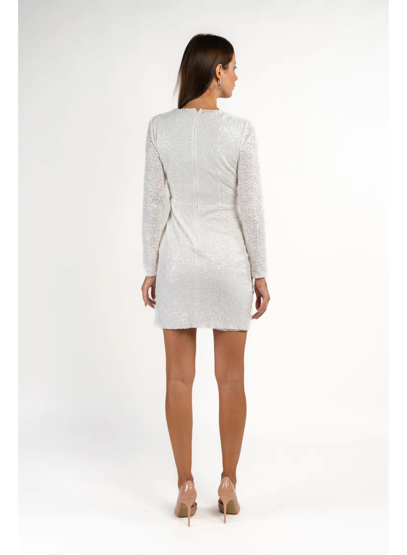 Fashonara Sequenced Shimmery Draped Long Sleeve Dress in White
