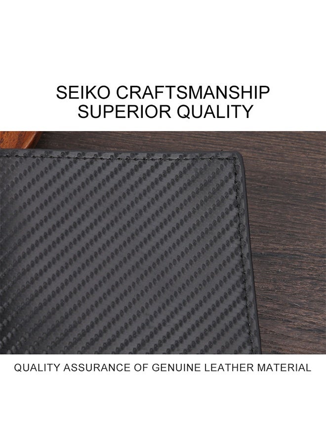 Mens Wallet Multi-functional Casual Tersely Leather Trifold Carbon Fiber Rfid Blocking Card Holder Bifold Stylish Wallets with Id Window Gifts for Men Business Black - Image 2