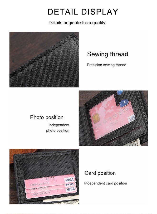 Mens Wallet Multi-functional Casual Tersely Leather Trifold Carbon Fiber Rfid Blocking Card Holder Bifold Stylish Wallets with Id Window Gifts for Men Business Black - Image 4