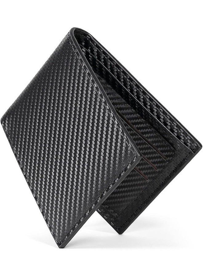 Mens Wallet Multi-functional Casual Tersely Leather Trifold Carbon Fiber Rfid Blocking Card Holder Bifold Stylish Wallets with Id Window Gifts for Men Business Black - Image 1