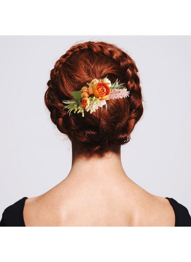 LVOERTUIG Wedding Flower Hair Comb Boho Wedding Orange Bridal Headpieces Hairpins Bride Hair Combs Floral Slide Hair Clips Hair Accessories for Women and Girls(Orange)  - Image 4