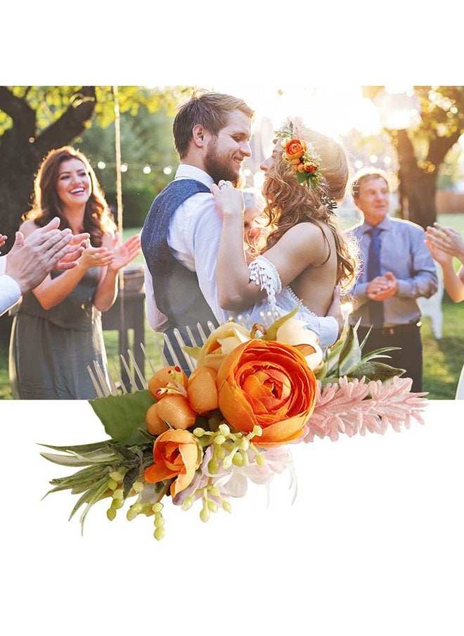 LVOERTUIG Wedding Flower Hair Comb Boho Wedding Orange Bridal Headpieces Hairpins Bride Hair Combs Floral Slide Hair Clips Hair Accessories for Women and Girls(Orange)  - Image 2