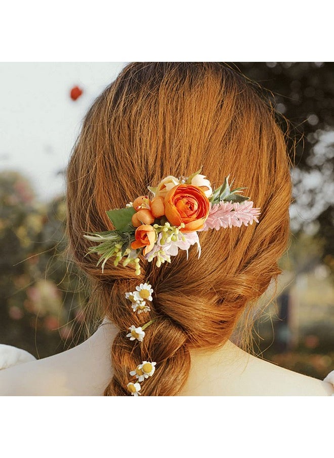 LVOERTUIG Wedding Flower Hair Comb Boho Wedding Orange Bridal Headpieces Hairpins Bride Hair Combs Floral Slide Hair Clips Hair Accessories for Women and Girls(Orange)  - Image 3