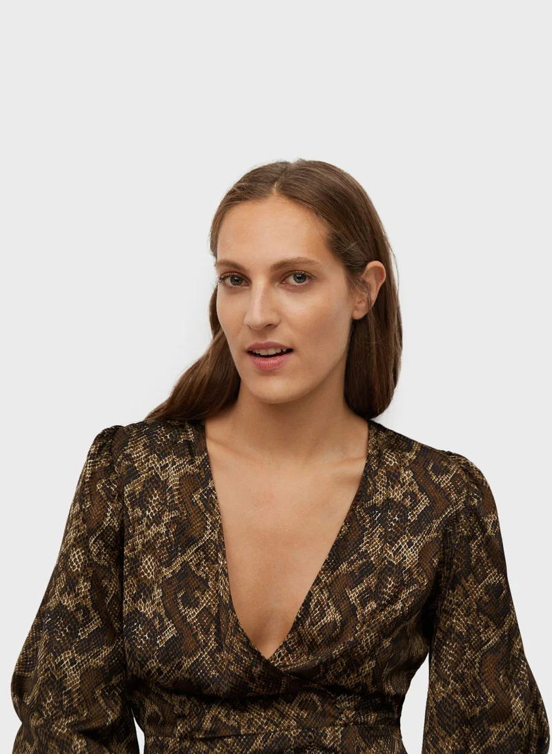 MANGO Snakeprint Surplice Dress